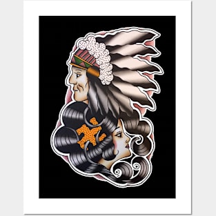 Native American with Lady Face Tattoo Design Posters and Art